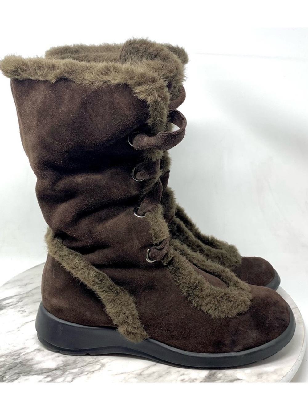 AEROSOLES Squishing Trip Faux Fur Brown Suede Lace Up Boots 8 Sporty Y2K